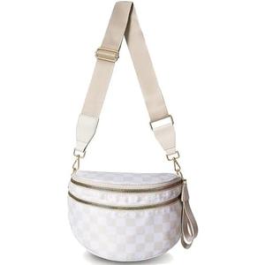 Crossbody Bags for Women Large Crossbody Bag Valentine Gift Checkered Bum Bag Fanny Pack Mom Bag Travel Purse Nylon (Beige)
