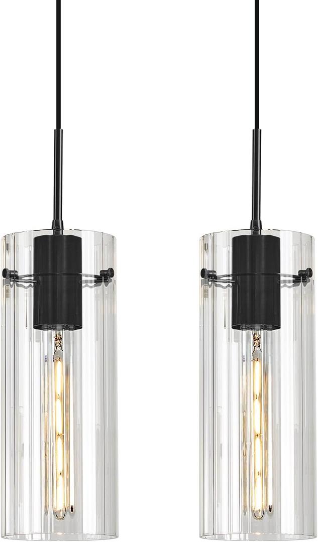 Modern Black Pendant Light Kitchen Island, 4.7" Glass Shade 2 Pack | Adjustable Hanging Cord, E26 Bulb Base, Matte Black Metal, for Dining Room Foyer Entryway Bathroom, Easy Installation