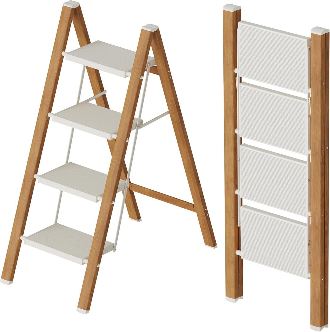 4 Step Lightweight Aluminum Folding Ladder, Portable Step Stool with Anti-Slip Pedals, 330 lbs Capacity for Home, Office, Kitchen, White & Woodgrain
