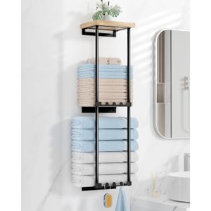 HapiRm Towel Racks for Bathroom Storage - No Drill Wall Mounted Towel Holder with Shelf and 6 Hooks, Rolled Towel Storage Bath Towel Organizer for Small Bathroom, Camper, Rv - Black