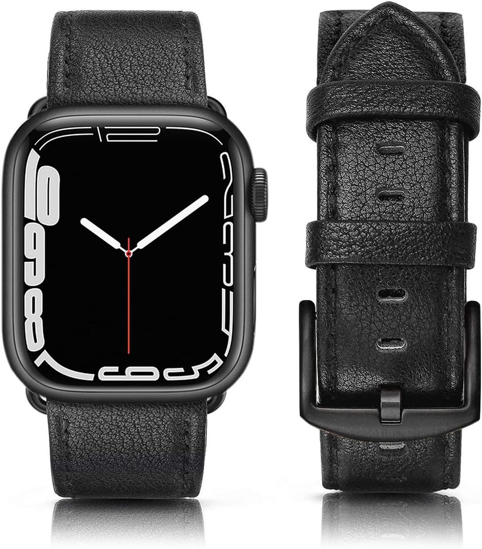SWEES Leather Band Compatible for Apple Watch 42mm 44mm 45mm, Genuine Leather Replacement Wristband Strap Compatible iWatch Series 7 6 5 4 3 2 1 SE Sports & Edition Men And Women, Lichee Black