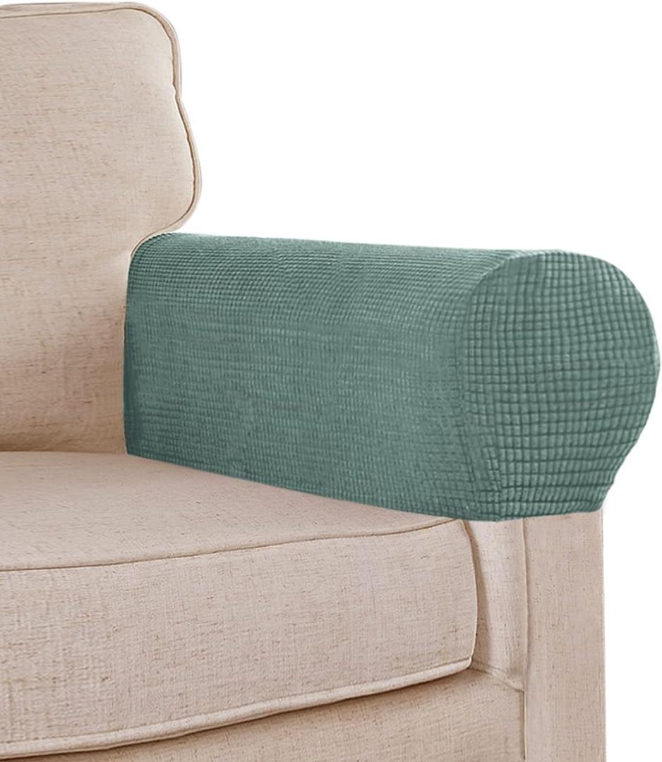 Sage Stretch Sofa Arm Covers - Spandex Jacquard Anti-Slip Armrest Protectors for Chairs, Sofas & Recliners, Set of 2