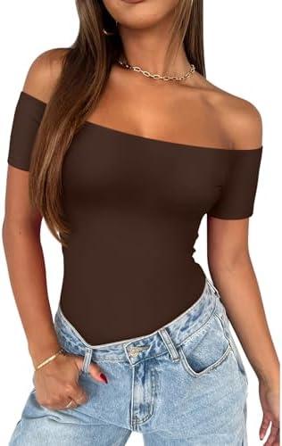 REORIA Women Sexy Off The Shoulder Short Sleeve Backless Basic Double Lined Thong Bodysuit Tops Small