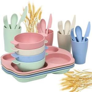 24 PCS Wheat Straw Dinnerware Set for Kids Toddler Plate Bowl Cup Sets Unbreakable BPA-Free Tableware Set with Divided Plate Microwave Dishwasher Safe Perfect for Home School Picnics, Small Damage on the pink plate
