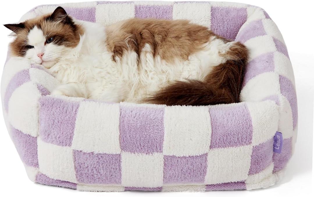 Lesure Cute Dog Bed for Small Dogs & Cats- Washable Puppy Beds, Cozy Rectangle Orthopedic Pet Sofa with Jacquard Shaggy Plush & Anti Slip Bottom, 20x19x6 inches (Lavender Checks)