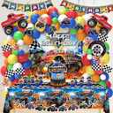 Monster Truck Birthday Decorations, Machines Jam Party Decoration Supplies include Truck Balloons Arch, Tablecloth, Backdrop, Cake Cupcake Toppers, Hanging Swirls, Flags, Truck Birthday Decor for Boys