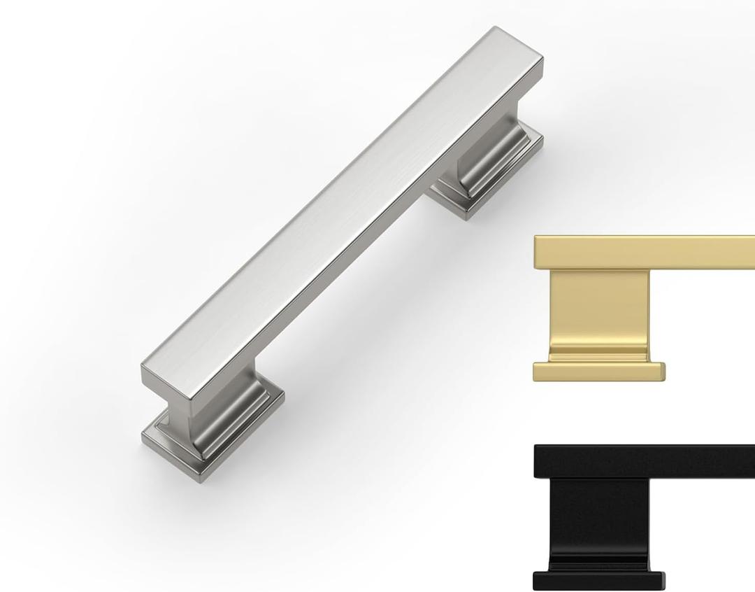 Rergy 20 Pack Cabinet Handles, 3 Inch Hole Center Pulls, Brushed Satin Nickel Kitchen Drawer Pulls and Knobs, Square Hardware for Bathroom Dresser