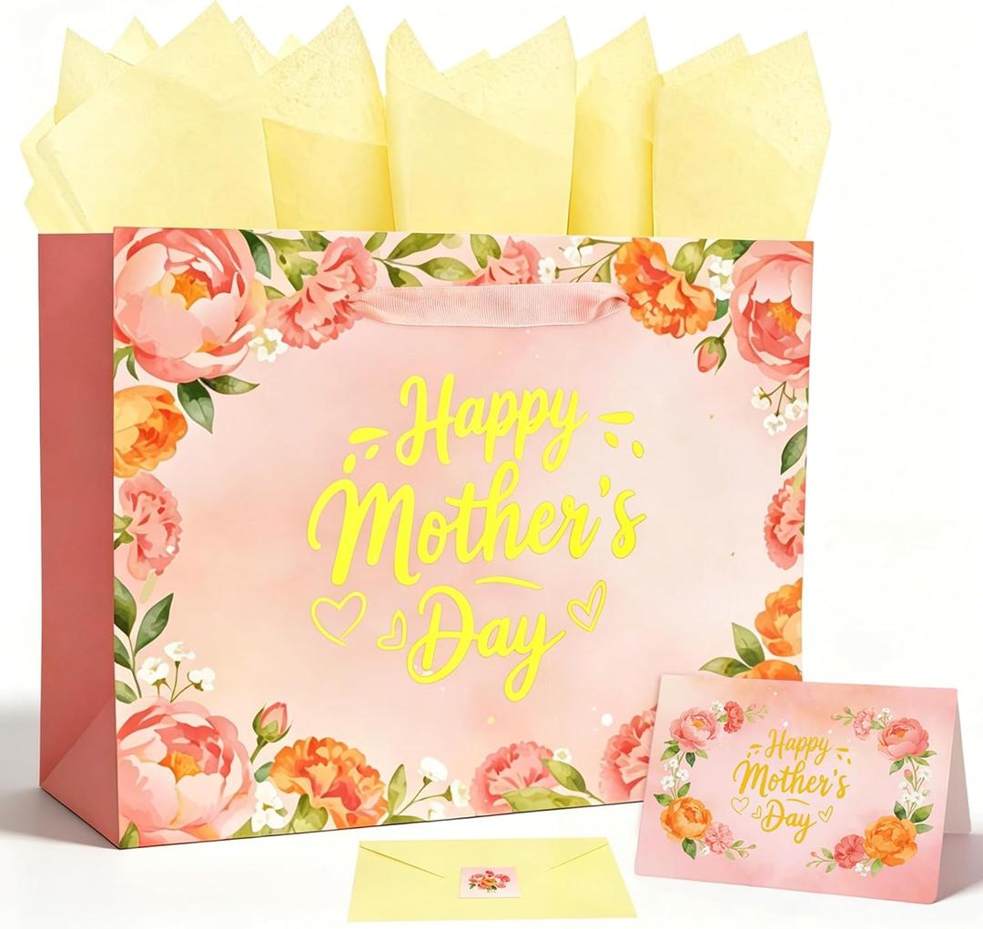 5 x GLURUITE 13" Mothers Day Gift Bag with Card and Tissue Paper Gold Foil Happy Mother's Day & Floral Design for Moms Grandmas Wife