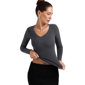 PINKMSTYLE Women's Long Sleeve V Neck Fitted Thermal Top Basics Thermal Tops Slim Fitted Y2K Base Layer Clothes Dark Grey X-Small