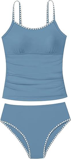 Girls Swimsuit Contrast Trim Tankini Swimsuit Solid Color 2 Piece Teen Bathing Suit Modest Swimwear+Drawstring 13-14 Y