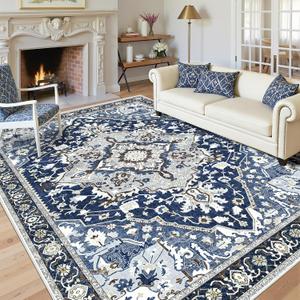9x12 Blue Washable Area Rug - Large Boho Vintage Farmhouse Living Room Rug with Non-Slip Backing, Faux Wool Low Pile Indoor Carpet for Bedroom, Under Dining Table, Office - Navy Blue Multi