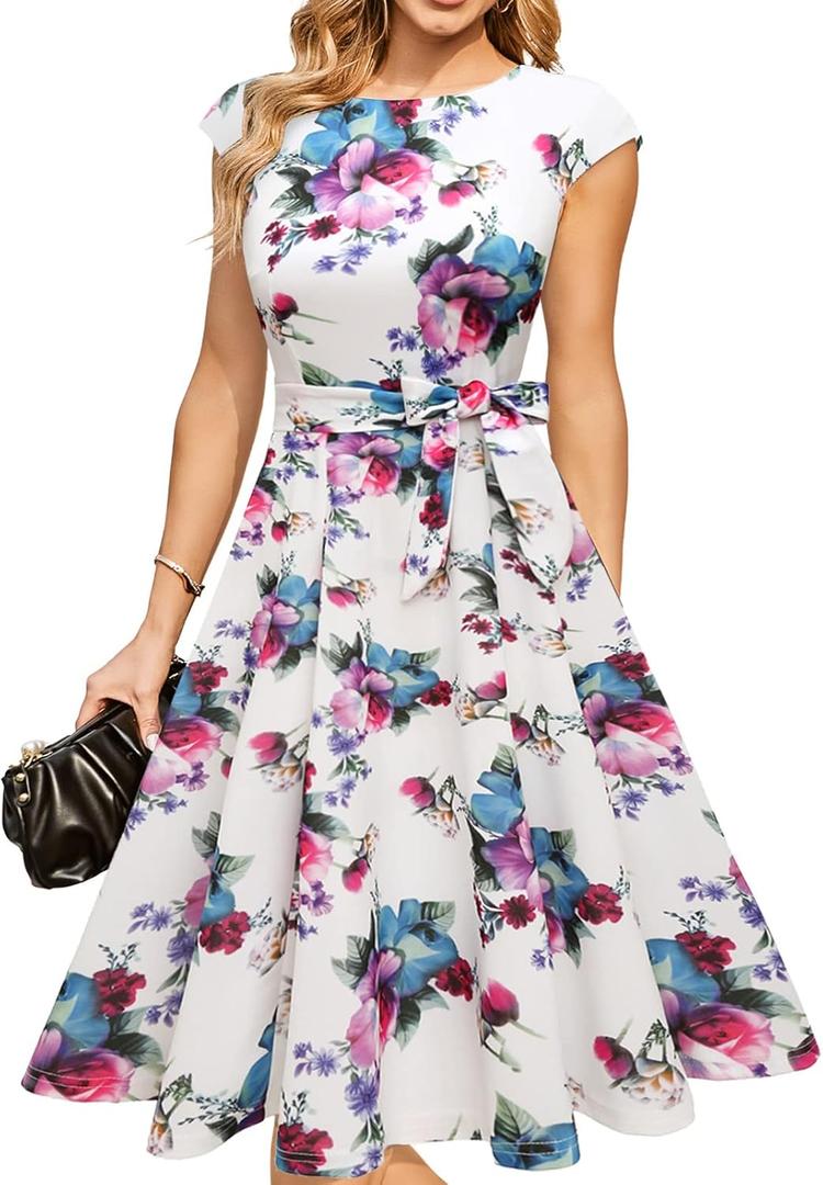 DRESSTELLS Women's Cocktail Dresses, Formal Wedding Guest Modest Church Vintage Tea Party Midi Evening Dress (White), 3XL