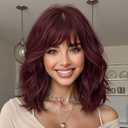 Lativ Red Wig With Bangs Bob Wigs for Women Short Wavy Curly Shoulder Length 14 Inches Synthetic Hair for Halloween Costumes Cosplay Daily Use