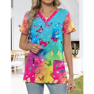 Scrub Tops for Women V Neck Printed Nurse Shirts Soft Knit Scrubs Short Sleeve Shirts for Women Workwear with 3 Pockets, XXL