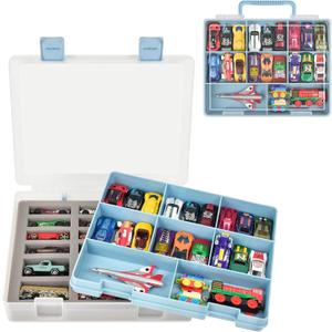 Double-Layer Storage for 1/64 Scale Hot Wheels & for Matchbox Cars, with 18 Sponge Slots & 8 Compartments Holds 36-44 Mini Vehicles-Portable Box for Collectors, Home Use, Travel (Blue, Case Only)