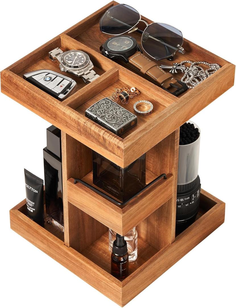 Cologne Organizer for Men, Solid Acacia Wood 3-Tier Rotating Stand - Natural Grain Bathroom & Vanity Organizition for Perfume & Skincare, Premium Desk Decor, Unique Birthday Gifts