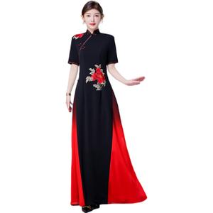 Vietnam Traditional Lace Chiffon Chi-pao Cheongsam Long Women's Dress Qipao Pageant Gala Evening Gown (5X-Large, Black)