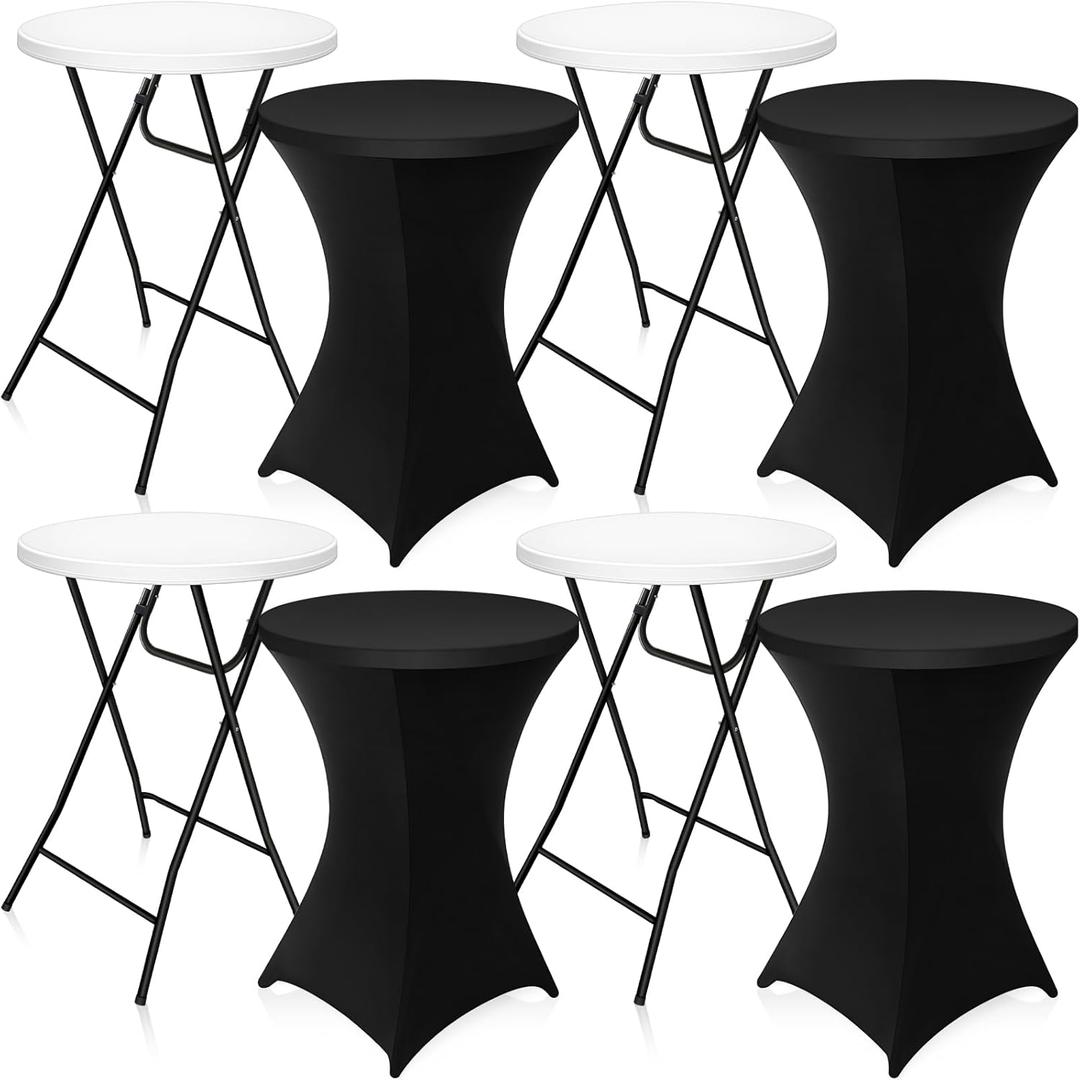 4 Set 32" High Top Cocktail Tables for Parties White Round Folding Bar Height Table with Removable Legs and 32 x 43 Inch Black Spandex Stretch Table Covers