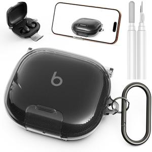 Geekboy Case for Beats Powerbeats Fit 2025, Clear TPU Protective Cover with Premium Metal Carabiner & Cleaning Kit, Shockproof Skin for Powerbeats Fit Case Cover (Clear Black)