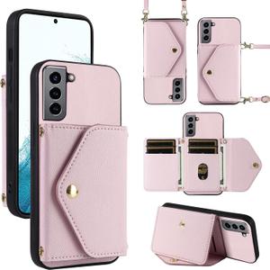 Minimalist Wallet Case for Samsung Galaxy S21 FE 5G with Shoulder Strap,Thin Slim Flip Purse, Credit Card Holder Stand Phone Cover for S 21 EF S21FE5G UW S21FE 21S G5 6.4 inch Pink