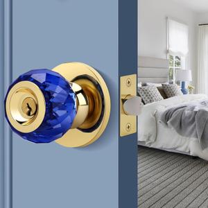 Crystal Door Knob with Privacy Lock, Blue Glass Interior Door Knob with Keys and Lock, Round Design Crystal Doorknob for Bathroom Bedroom, Gold