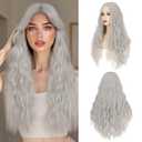 S-noilite Long Wavy Wig 24inch Grey Long Wigs for Women Middle Part Natural Looking Synthetic Wigs for Cospaly Daily Use
