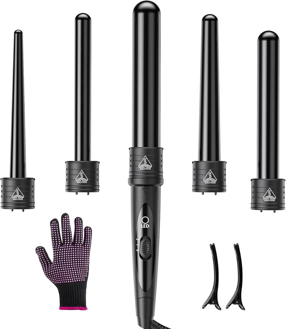 5 In 1 Curling Wand Set, Curling Iron Interchangeable Ceramic Barrels (0.35-1.25 Inch), Heating Hair Curler Kit with Protective Glove & 2 Clips Ceramic Coated for All Hair Types, Gift for Girls, Women (Black)