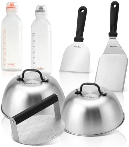 Onlyfire 7PCS Griddle Accessories Kit for Cooking Indoor or Outdoor, Multifunctional Grill Utensil for Blackstone Including 2 Melting Dome,1 Grill BBQ Spatulas,1 Chopper/Scraper, 2 Liquid Dispensers, 1 Grill Press Great