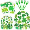 100 Pcs St. Patricks Day Tableware Party Supplies  Disposable Shamrock Dinnerware Set with Paper Plates, Napkins, and Forks for Irish Party, St. Paddys Day Celebrations  Serves 25