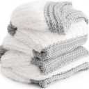 YnM Ultra Soft Fuzzy Throw Blanket, Hand Knit with Faux Rabbit Fur and Cotton Chunky Yarn, Reversible Thick Fluffy Throws, Home Dcor Piece for Couch, Sofa & Bed, Light Grey 60x80 Inch