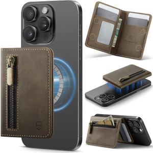 Magnetic Card Holder Compatible with MagSafe Phones and Cases, PU Leather Phone Wallet for iPhone 17/16/15/14/13/12/Pro/Max/Plus/Air, 4 Card Slots RFID Blocking with Zipper Pocket - Brown