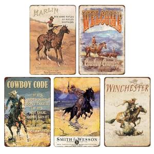 Vintage Western Cowboy Metal Sign Rustic Cowboy Metal Wall Art Tin Signs for Bar, Garage Man Cave Farmhouse Country Home Western Theme Decorations 8x12 Inch 5PCS