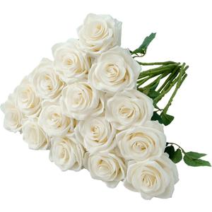 Carlitas Blooms 15pcs Ivory Roses Artificial Flowers Silk Fake Flowers Realistic White Roses Bouquet Long Stem for Wedding Home Party Birthday Decoration