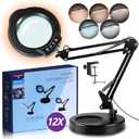 12X Magnifying Glass with Light and Stand, 5 Color Modes 10 Stepless Dimmable, Real Glass 84 LED Lighted Magnifying Glass with Swing Arm, Magnifying Lamp for Crafts Reading Painting Sewing Close Work (Black00)