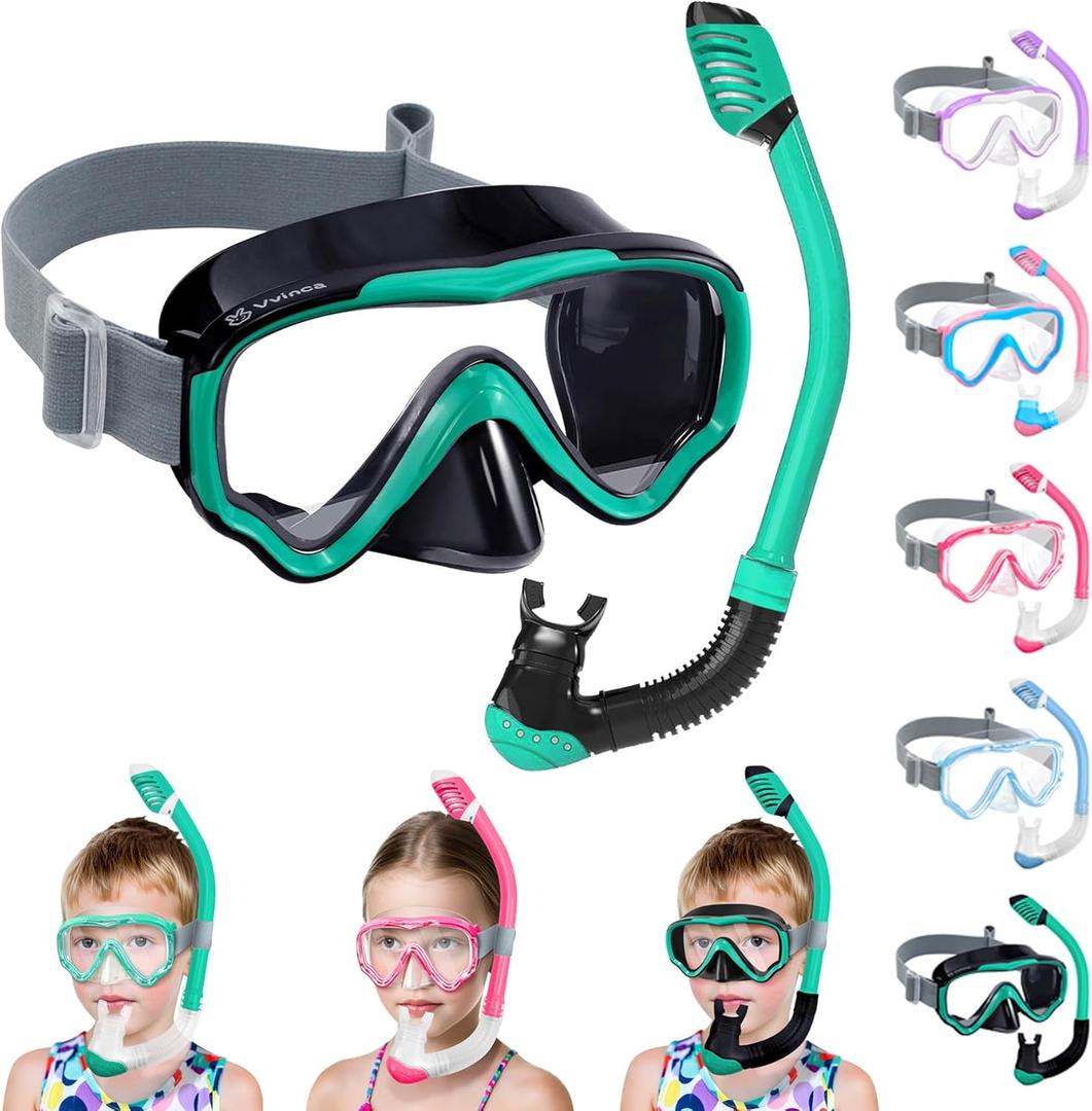 Vvinca Snorkeling Gear for Kids Dry Top Kids Snorkel Set for Boys Girls Junior Youth Children Age 4-14 Swim Goggles with Nose Cover Anti-Fog Panoramic View Adjustable Elastic Diving Mask and Snorkel (B-Green Black)