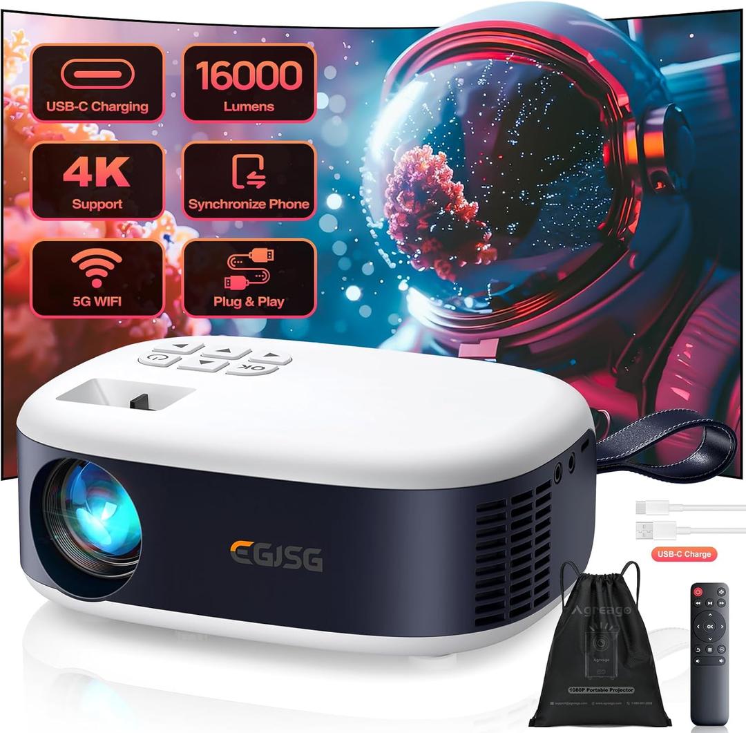 Mini Projector with WiFi and Bluetooth, 1080P/4K Supported Movie Projector with 5G WiFi 6, USB-C Fast Charging | Portable Projector for Bedroom, Small Projector Wide Compatible, (Navy Blue)
