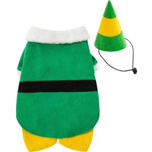Dog Elf Costume for Pets Party Winter Warm Clothes Dog Christmas Outfit with Cap (Large) (Green)