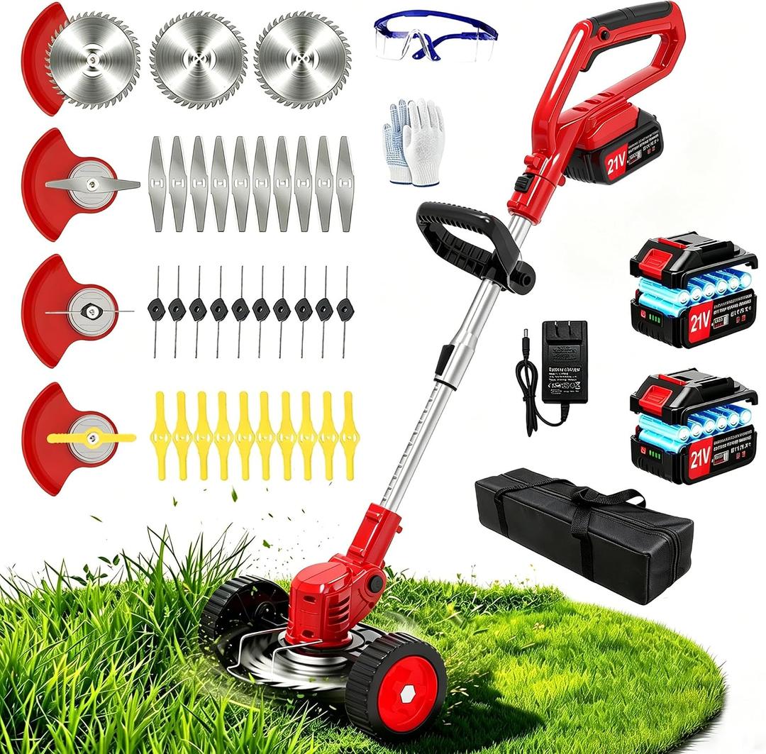Electric Weed Wacker Cordless with Wheels,21V Lightweight Electric Weed Eater Battery Powered,4 in 1 Grass Trimmer/Brush Cutter/Lawn Edger/Lawn Mower,No String Trimmer Battery Operated for Garden Yard