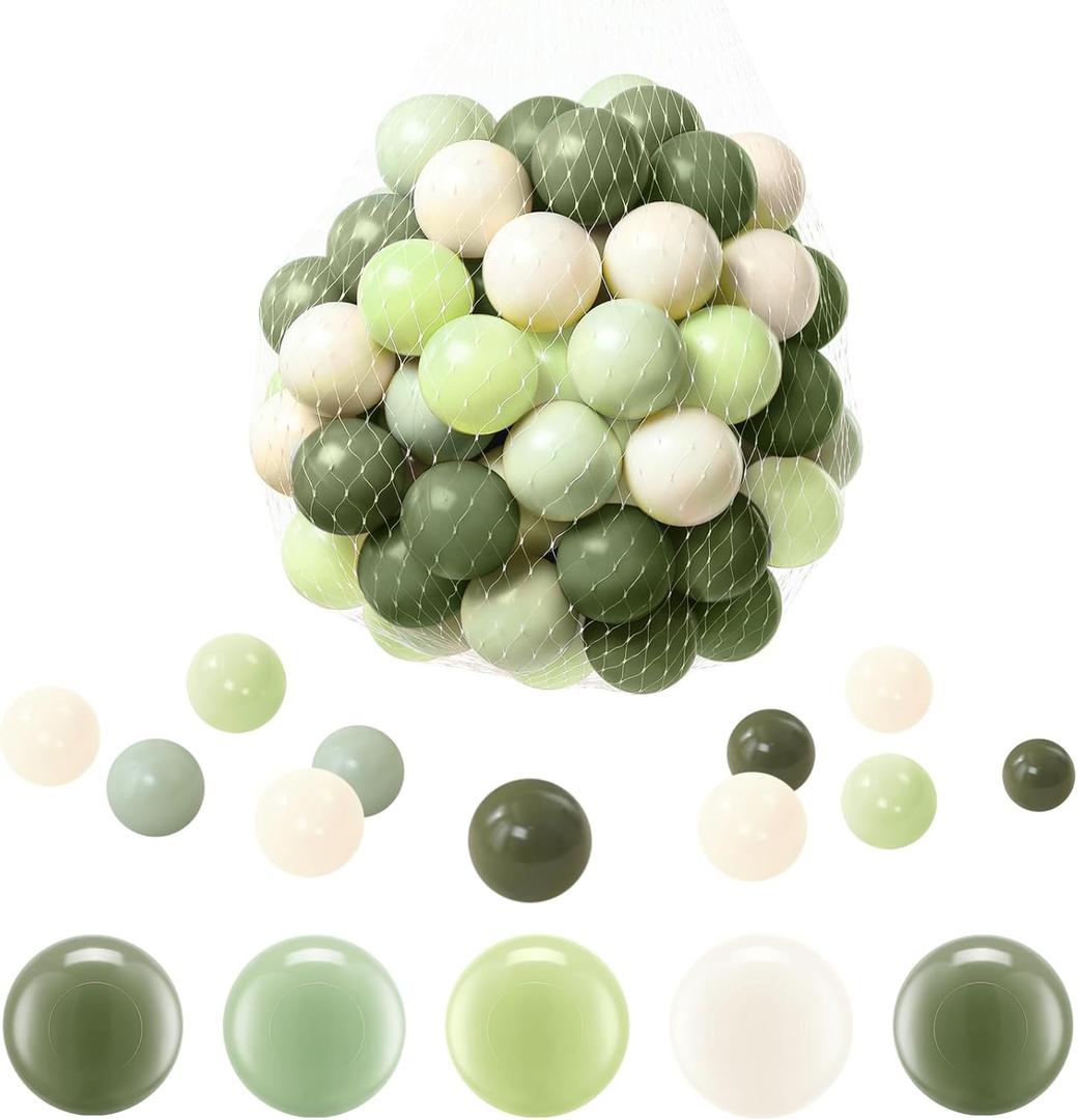 100Pcs Ball Pit Balls, Soft Plastic Ball Pit Balls for Kids, Phthalate & BPA Free, Crush Proof Plastic Play Balls, Assorted Colors Play Balls for Ball Pit, Play Tent, & Party Decorations (Green, Light Green, Beige, Dark Green)