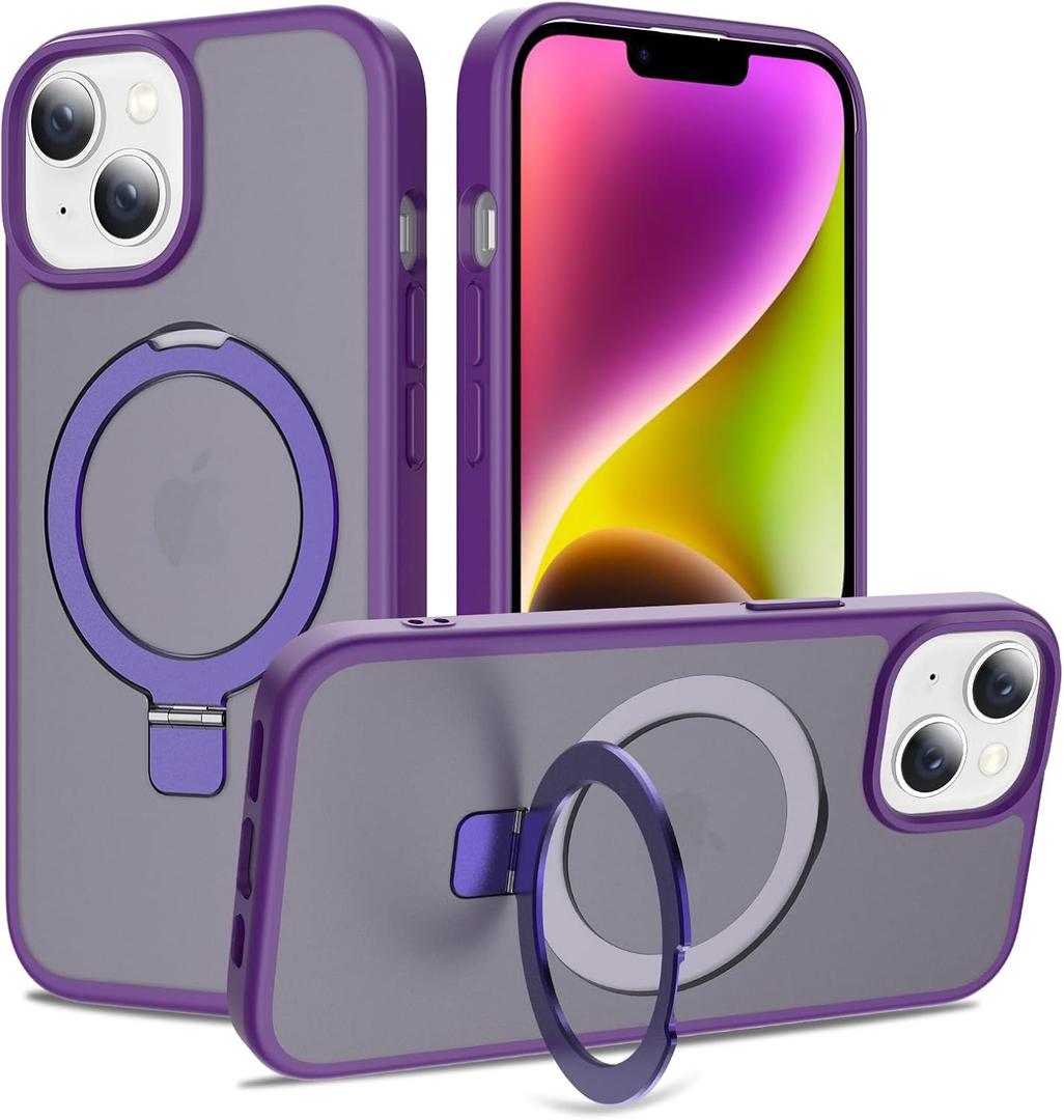IDweel Magnetic Case for iPhone 15/14/13 6.1" Compatible with MagSafe, Translucent Matte Phone Case with Invisible Ring Stand, Drop Protection, Shockproof Slim Cover, Purple