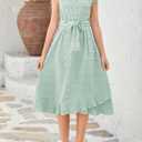 Tween Girls Summer Dresses Girl Short Sleeve Boho Swiss Dot Ruffle Semi Formal Midi Dress Kid Wedding Guest Casual Flare Party Belt Clothes Dressy Outfit Size 12-13 Year Old Green