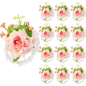 Sherr Set of 12 Rose Wrist Corsages for Wedding Corsage Flower Wristlet Floral Wedding Wrist Bridal Rose Leaf Hand Flowers for Bride Bridesmaid Prom Engagement Festival(Pink)