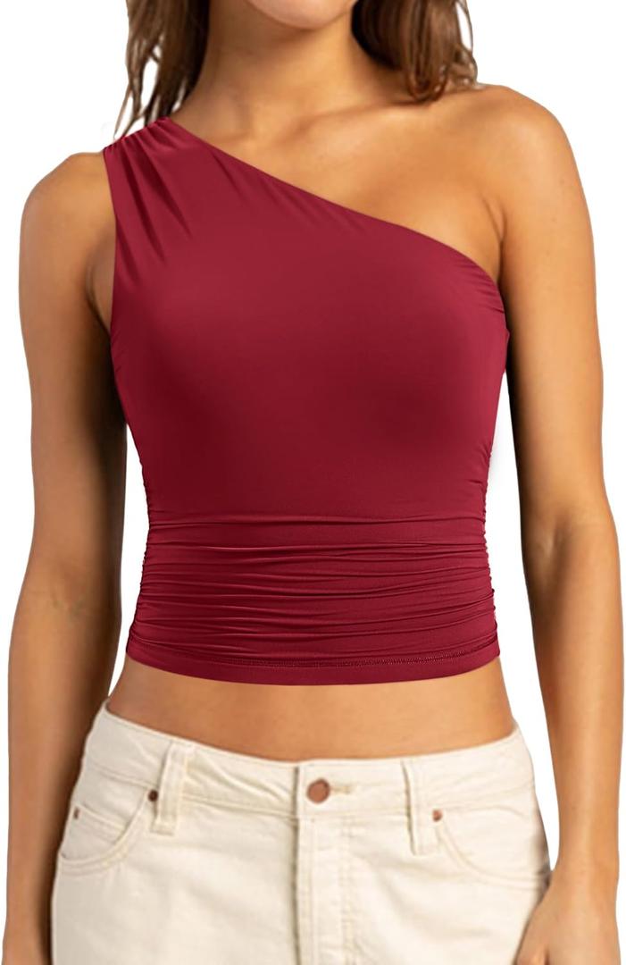 SUUKSESS Women Double Lined Going Out Trendy Crop Tops Ruched Sleeveless Shirts (Small, Burgundy)