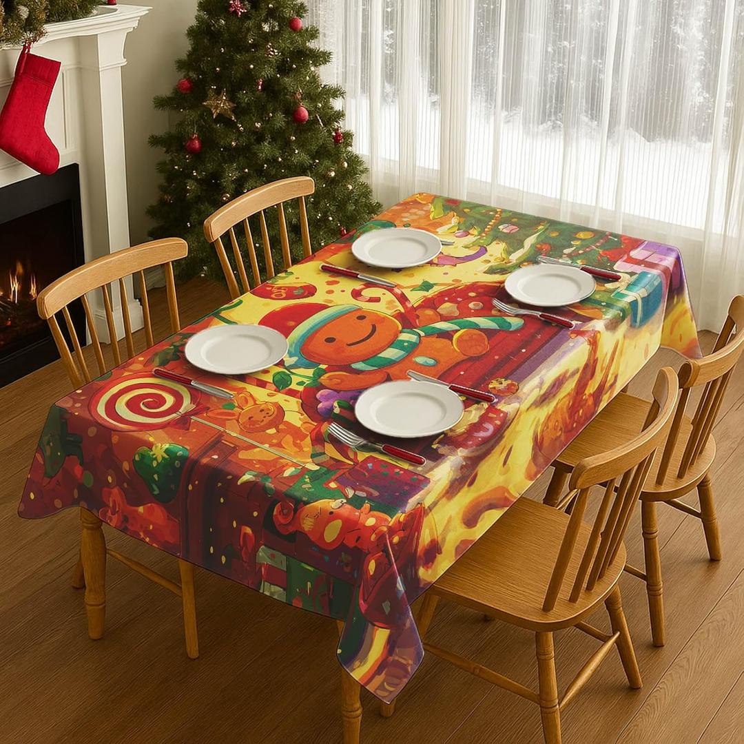 Christmas Tablecloth Cozy Gingerbread Man with Lollipop Print 83 x 60 Inch Table Cover Rectangle Dining Table Cloth Holiday Indoor Party Decorations