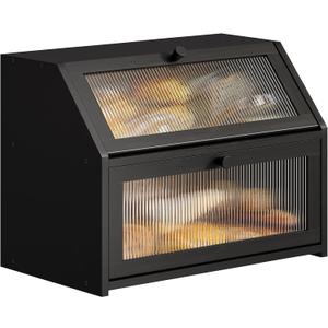 BMOSU Large Bread Box for Kitchen Countertop,Double Layer Bread Box for Kitchen Counter,Bamboo Wood Bread box Capacity Bin Storage(Black)