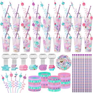 194 Pcs Mermaid Party Favors Goody Cup Fillers, Mermaid Birthday Party Decorations Straws Keychains Pencils Bracelets for Goodie Bag Stuffer, Classroom Rewards, Piata Supplies, Baby Shower