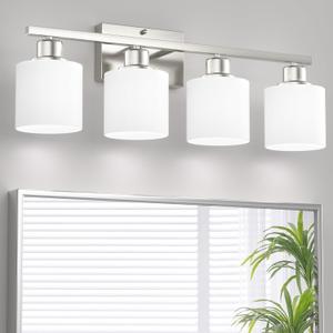 Bathroom Lights Over Mirror Brushed Nickel, Anti-Rust 4-Light Bathroom Vanity Light Fixtures, Modern 24Inches Wall Sconces E26 Base, Milky White Glass Shades, Bulbs Not Included