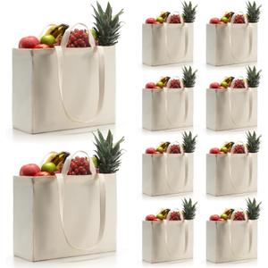 Canvas Grocery Bags Canvas Tote Bag with Long Shoulder Strap and Short Handle Heavy Duty, Foldable, Washable | Long / Short Handles (10 Pack)