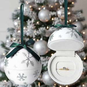 Huquary Engagement Christmas Ornament 2025 Christmas Ring Box for Xmas Tree Decoration Snowball Snowflake Engagement Ring Ornament with Bow for Wedding Winter Couple First Xmas Together Jewelry Gift
