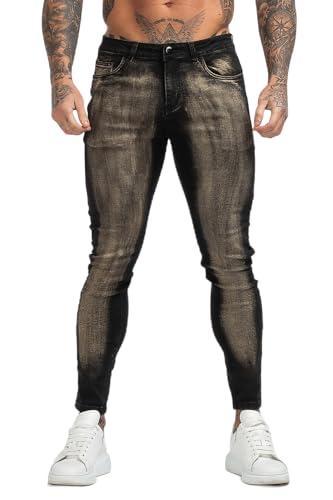 GINGTTO Mens Skinny Jeans Stretch Slim Fit Tapered Leg Jeans for Men Black and Gold 30